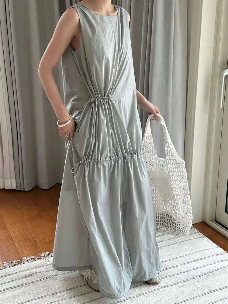 Women White Gray Big Size Long Elegant Thin Dress New Square Collar Sleeveless Fashion Tide Spring Summer 2025 1DH6054