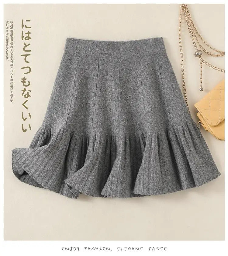Korean Fashion Autumn Winter Warm Women Solid Knitted Short Skirt High Waist Ruffle Edge A-line Pleated Skirt 2024 New Versatile