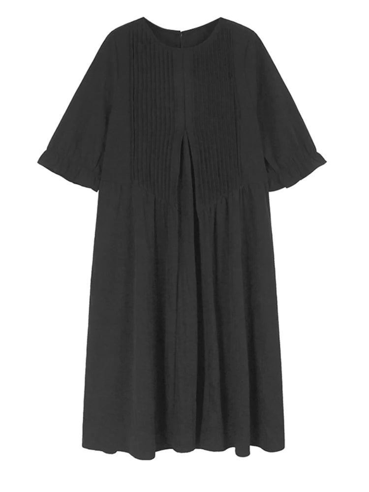 Women Black Pleated Brief Big Size Midi Dress New Round Neck Three-quarter Sleeve Fashion Spring Autumn 2025   1DJ0716