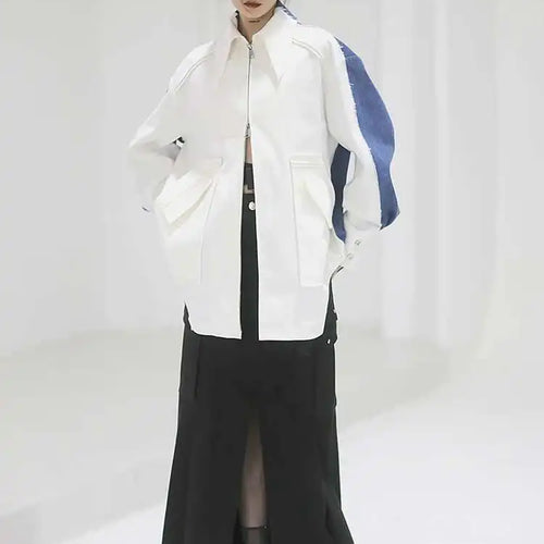 Load image into Gallery viewer, White Color-bock Denim Burr Big Size Jacket New Lapel Long Sleeve Women Coat Fashion Tide Spring Autumn 2025 1DF302400
