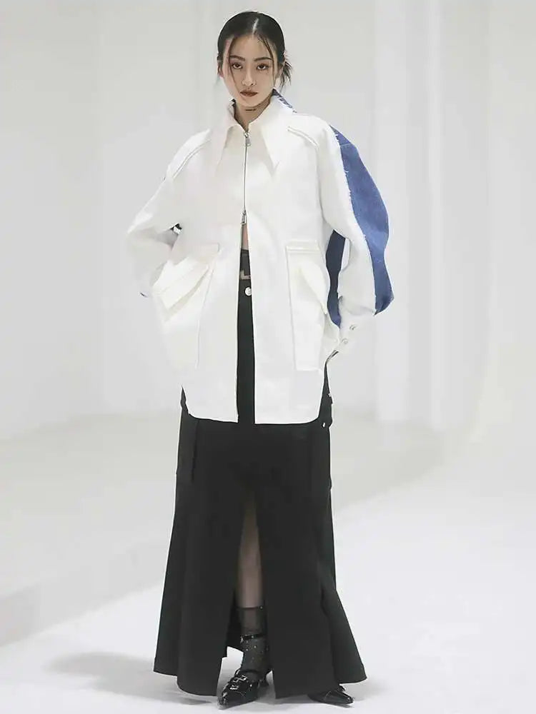 White Color-bock Denim Burr Big Size Jacket New Lapel Long Sleeve Women Coat Fashion Tide Spring Autumn 2025 1DF302400