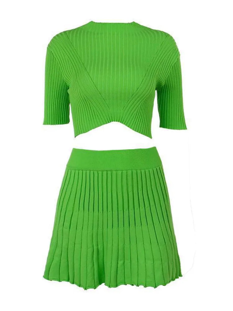 Autumn New Fashion Knitted Skirt Short Sleeve Set Women Elastic Temperament Female Two Piece Set Party Street Clothing