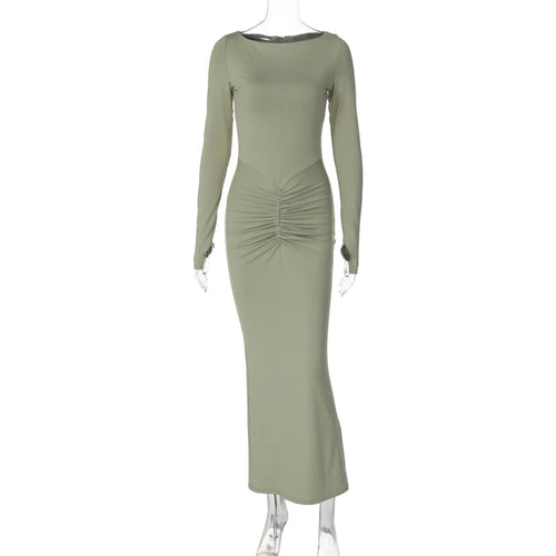 Load image into Gallery viewer, Long Sleeve Ruched Sexy Maxi Dress For Women Fashion Light Green O Neck Bodycon Elegant Club Party Long Dress Vestidos
