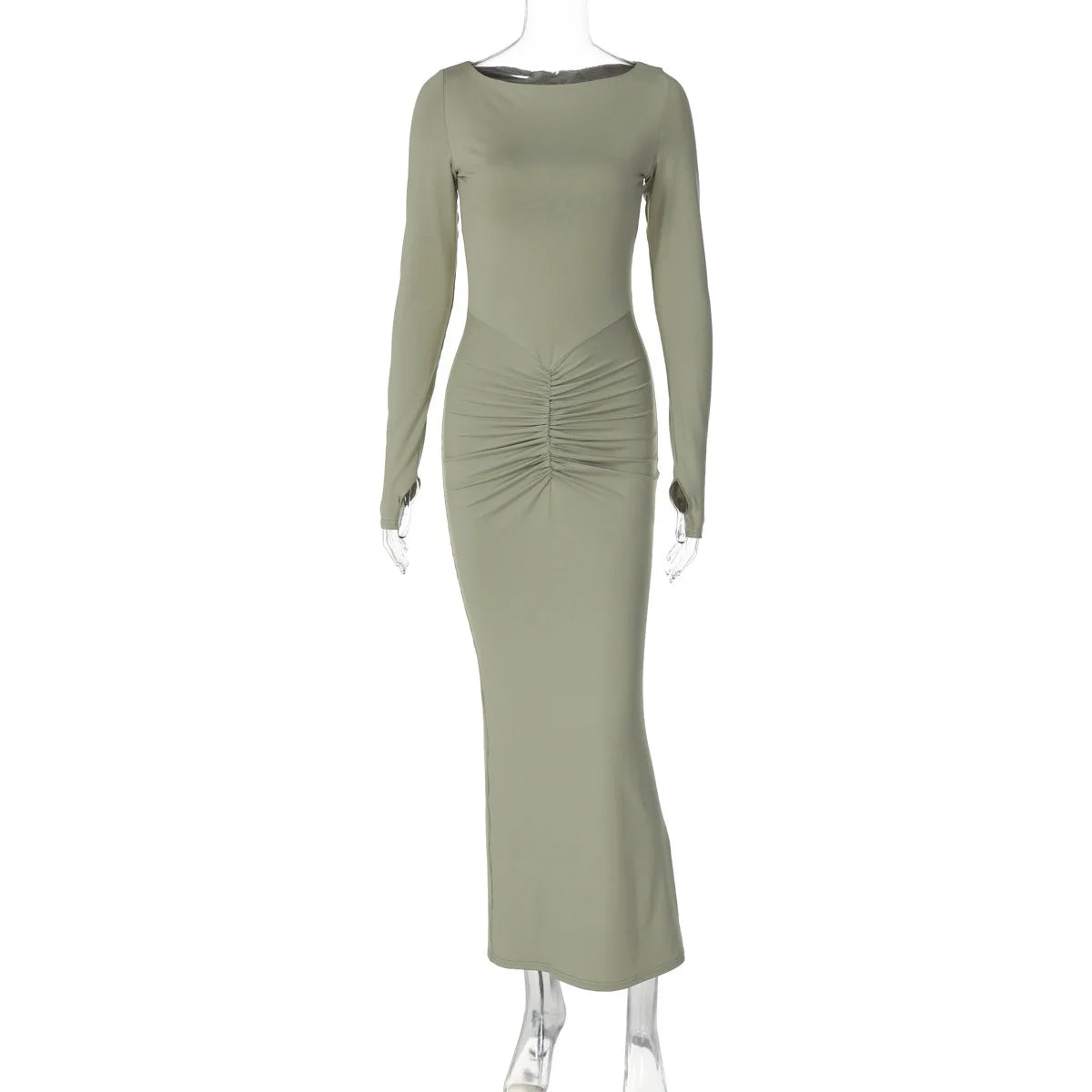 Long Sleeve Ruched Sexy Maxi Dress For Women Fashion Light Green O Neck Bodycon Elegant Club Party Long Dress Vestidos