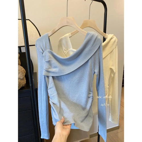 Load image into Gallery viewer, Autumn Winter Solid Temperament Sexy Slim Off Shoulder Long Sleeve Knitting Sweater Women Office Fashion Pleated Tops New Simple
