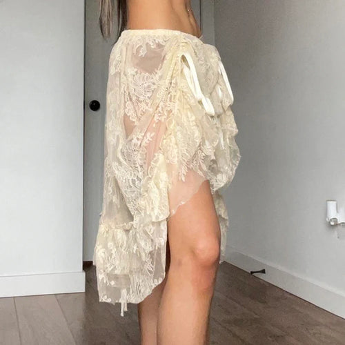 Load image into Gallery viewer, Fashion Sexy Loose Party Lace Skirt Female Drawstring Ruffles See Through Thin Summer Mini Skirt Clubwear Outfits New
