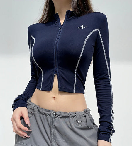Streetwear Fitness Stripe Stitch Long Sleeve Tee Zip Up Embroidery Autumn T-shirts Women Casual Sporty Cropped Tops