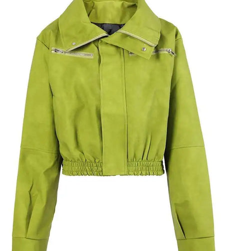 Loose Fit Green Pu Leather Big Size Casual Jacket New Lapel Long Sleeve Women Coat Fashion Tide Spring Autumn 2025 CPG0419