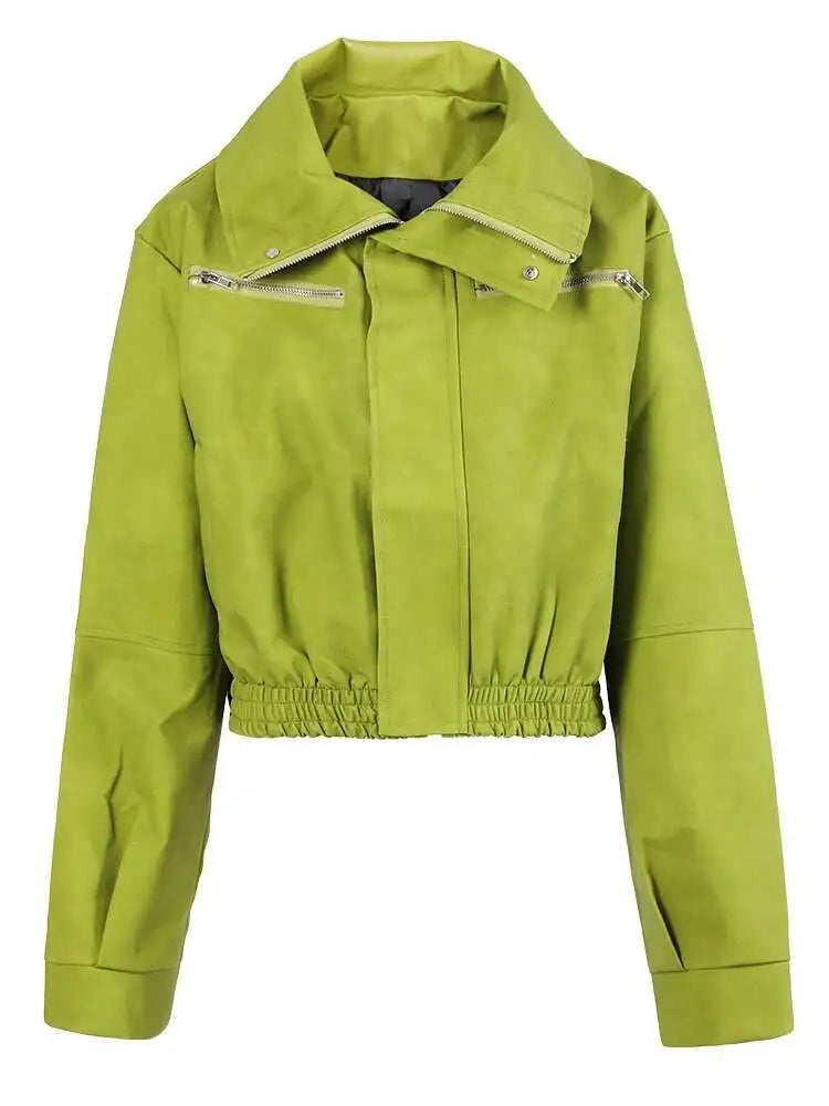 Loose Fit Green Pu Leather Big Size Casual Jacket New Lapel Long Sleeve Women Coat Fashion Tide Spring Autumn 2025 CPG0419