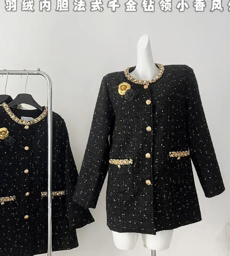 White Women New Black Patchwork Elegant Down Woolen Coat 2024 New French Vintage White Diamond Round Neck Single Breasted Jacket