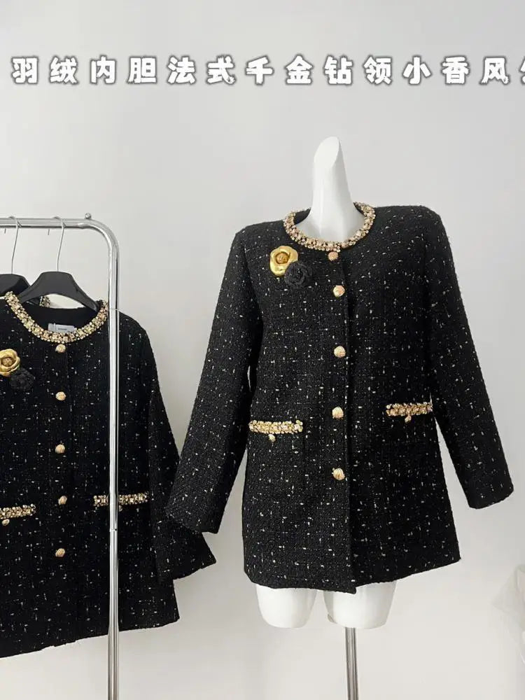 White Women New Black Patchwork Elegant Down Woolen Coat 2024 New French Vintage White Diamond Round Neck Single Breasted Jacket