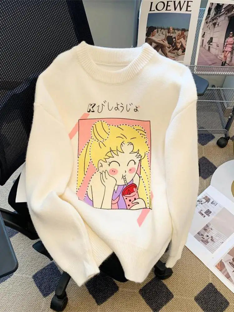 Korean Women's White Beautiful Girl Pattern Long Sleeve Round Neck Sweater Autumn Winter Loose Elegant Knit Thick Pullover Tops