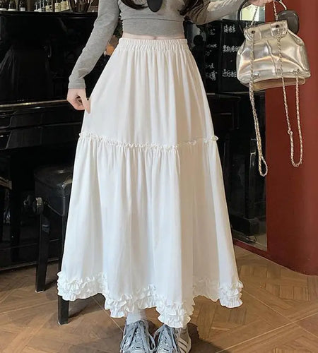 Spring Summer French Vintage Fashion Black Elegant Sexy Ruffle Edge Pleated Long Skirt Women White High Waist Slim Skirts 2025