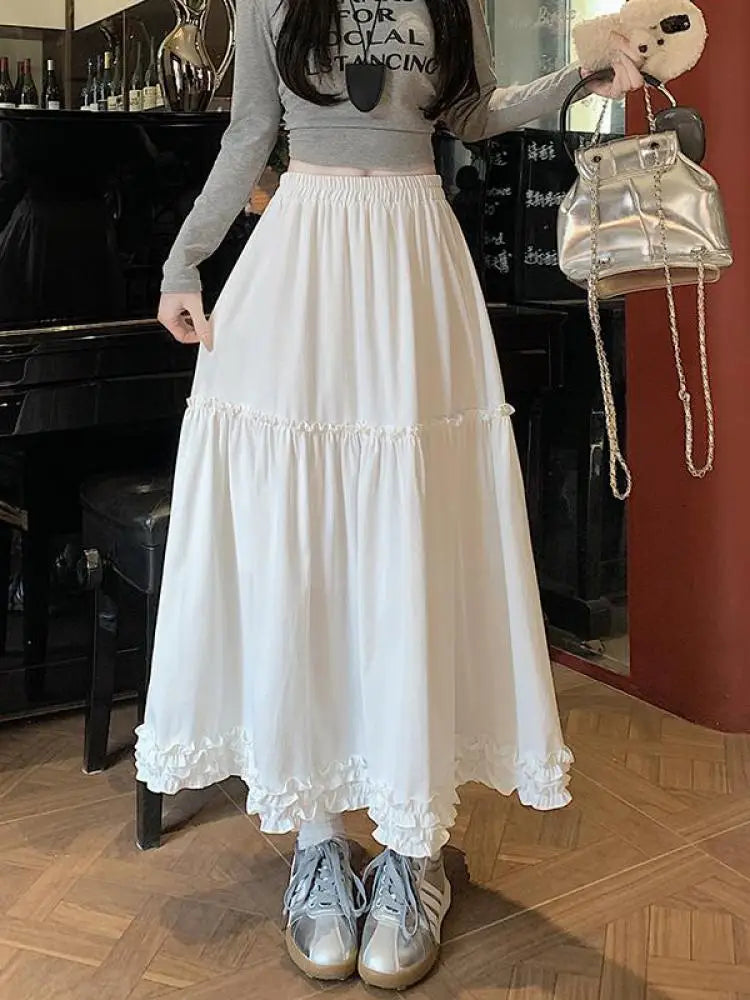 Spring Summer French Vintage Fashion Black Elegant Sexy Ruffle Edge Pleated Long Skirt Women White High Waist Slim Skirts 2025