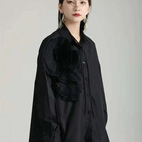 Load image into Gallery viewer, Women Blue Pleated Flower Big Size Blouse New Lapel Long Sleeve Loose Fit Shirt Fashion Tide Spring Autumn 2025 1DH0316
