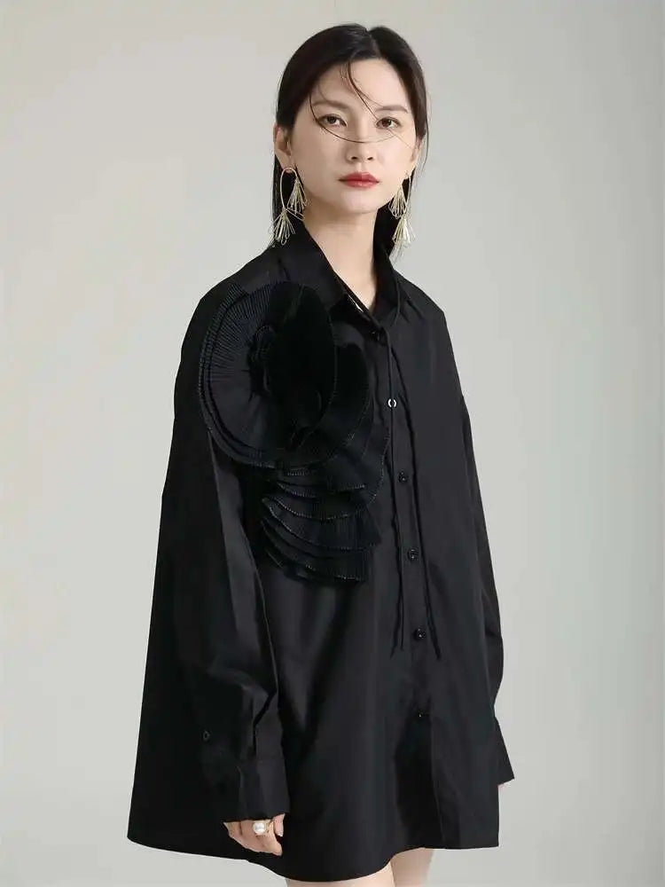 Women Blue Pleated Flower Big Size Blouse New Lapel Long Sleeve Loose Fit Shirt Fashion Tide Spring Autumn 2025 1DH0316