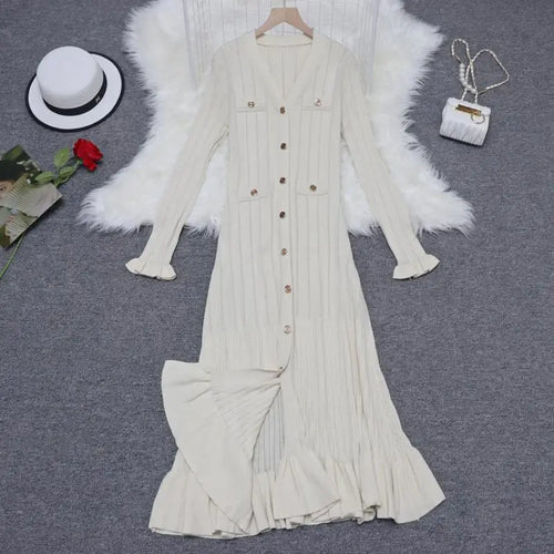 Load image into Gallery viewer, Korean 2024 New Spring Autumn Solid Temperament V-neck Knitted Dresses Women's Elegant Long Sleeve Office Buttons Ruffles Dress
