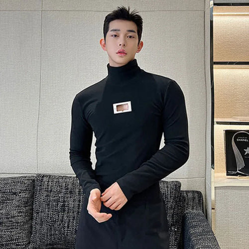 Load image into Gallery viewer, Simple Slim Men&#39;s Long Sleeve T-shirts Autumn Tight Metal Hollow Out Brushed High Collar Pullover Top Tide 9C3122
