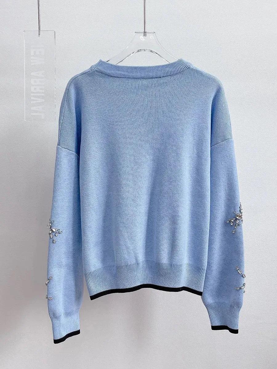 High Quality Women's Short Pullover Sweater Female Diamond Beading Warm Thick Winter Knitted Oversized Sweater C-236