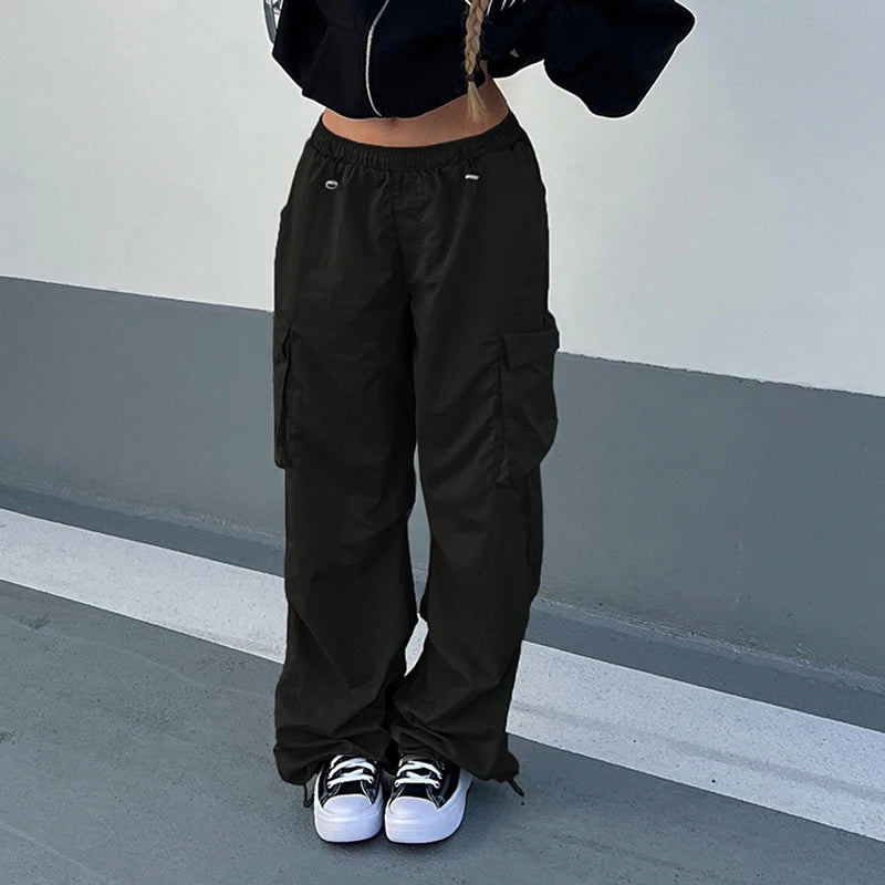 Streetwear Drawstring Low Rise Cargo Trousers Women Harajuku Baggy Pants Solid Pockets Hip Hop Tech Capris Sportswear