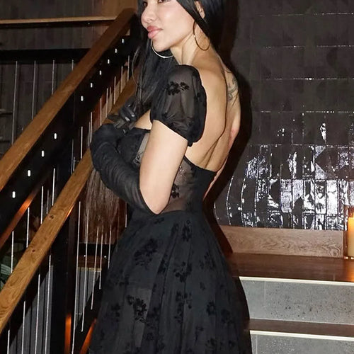 Load image into Gallery viewer, See Through Lace Sexy Mini Dress Women Patchwork Short Sleeve Square Collar Backless High Waist Pleated Club Dress
