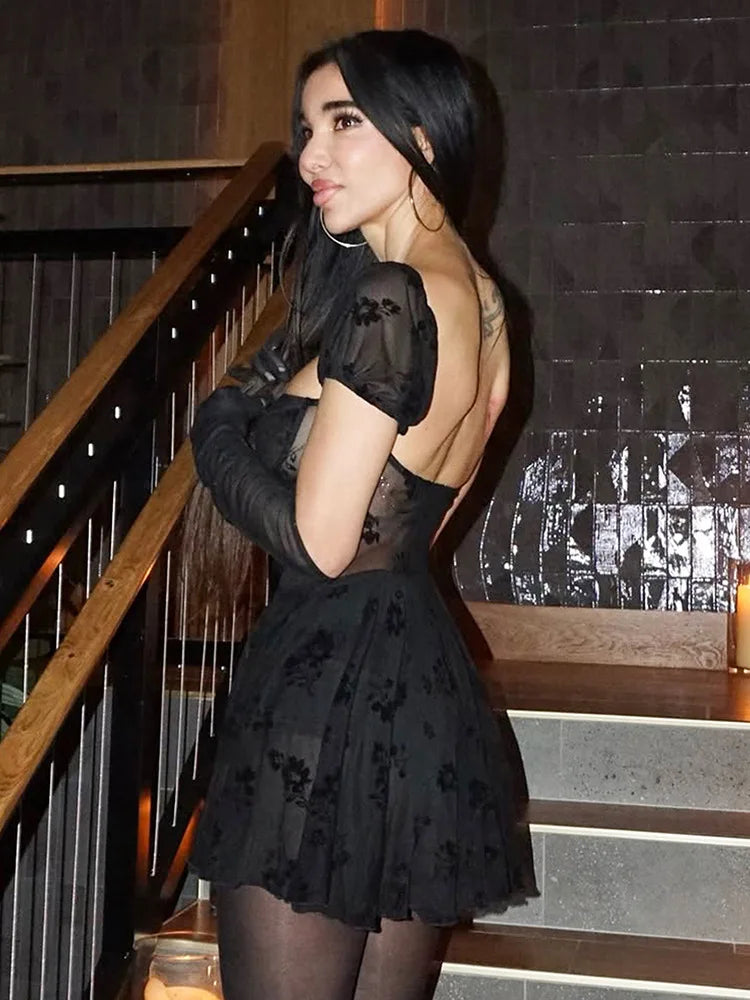 See Through Lace Sexy Mini Dress Women Patchwork Short Sleeve Square Collar Backless High Waist Pleated Club Dress