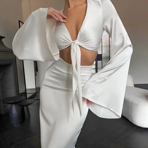 Load image into Gallery viewer, Elegant Flare Sleeves Satin Slim Long Dress Two Piece Set For Women's Summer New Sexy Lace Up Short Top Long Dress Set
