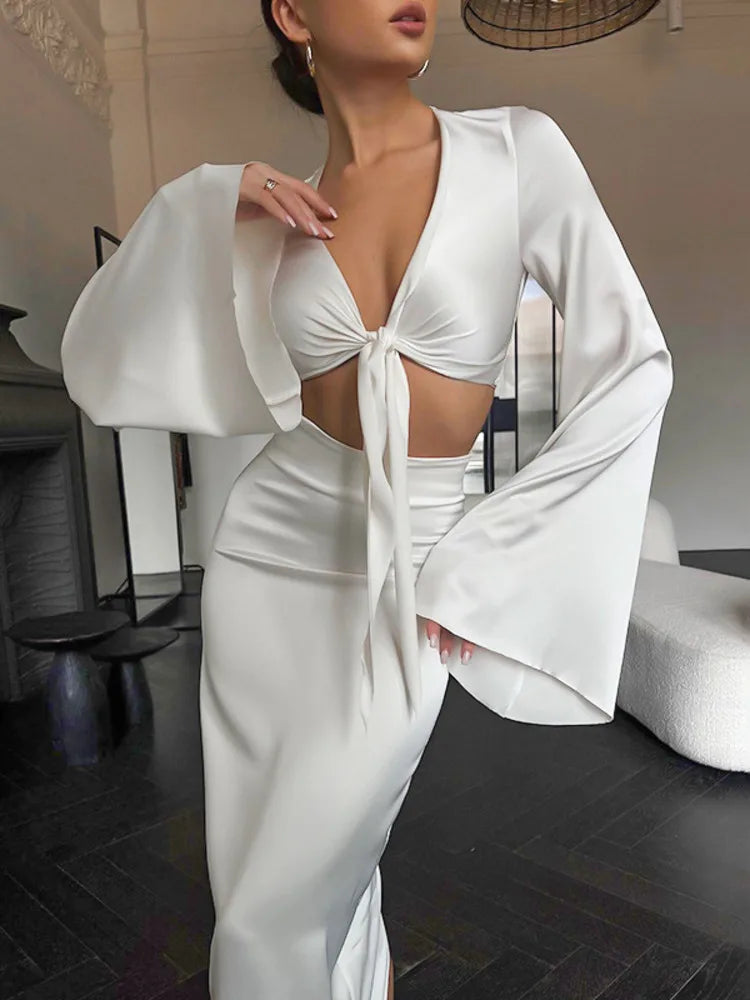 Elegant Flare Sleeves Satin Slim Long Dress Two Piece Set For Women's Summer New Sexy Lace Up Short Top Long Dress Set