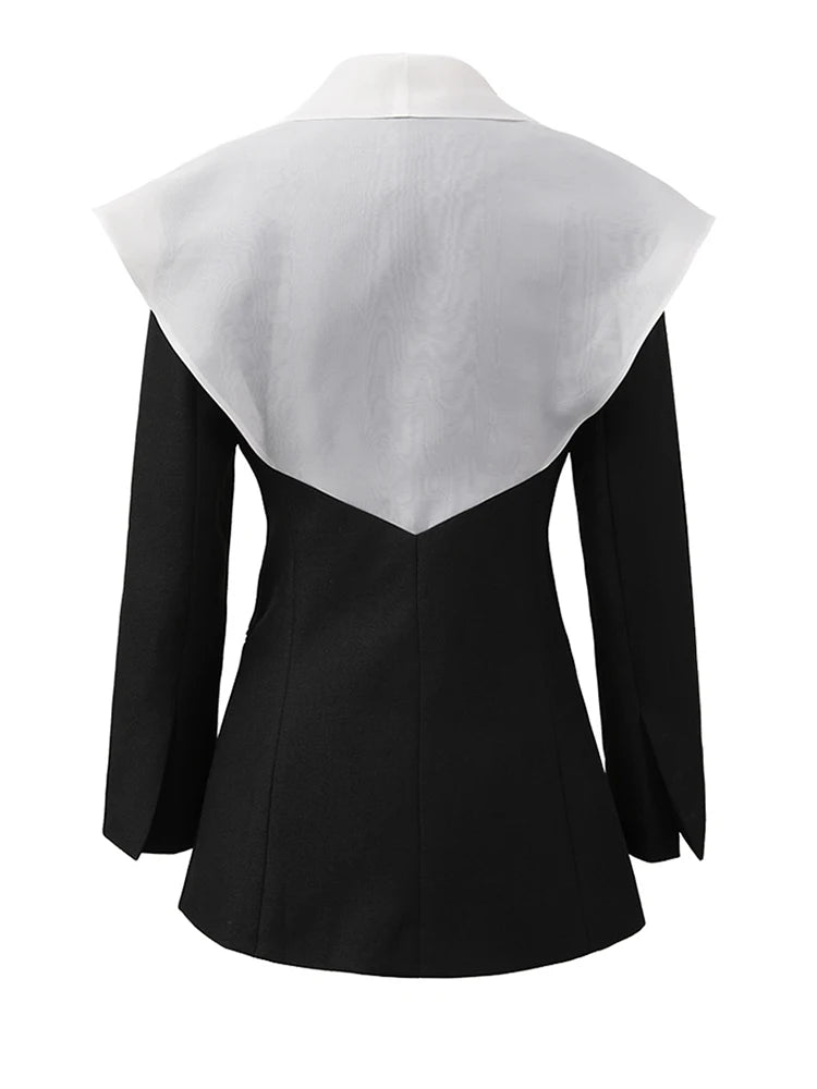 Women White Black Color-block Chiffon Elegant Blazer New Lapel Long Sleeve Jacket Fashion Tide Spring Autumn 2025 CPDB137