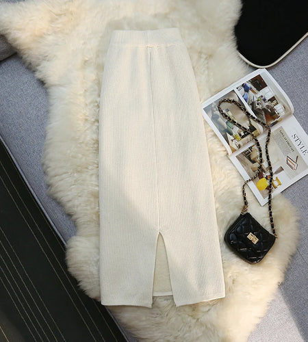 Fashion Elegant Casual Skirts Women Autumn Winter New High Waist Knitted Split Long Solid Color Skirt Keep Warm Thicken Female