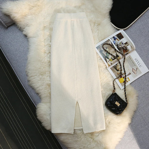 Load image into Gallery viewer, Fashion Elegant Casual Skirts Women Autumn Winter New High Waist Knitted Split Long Solid Color Skirt Keep Warm Thicken Female
