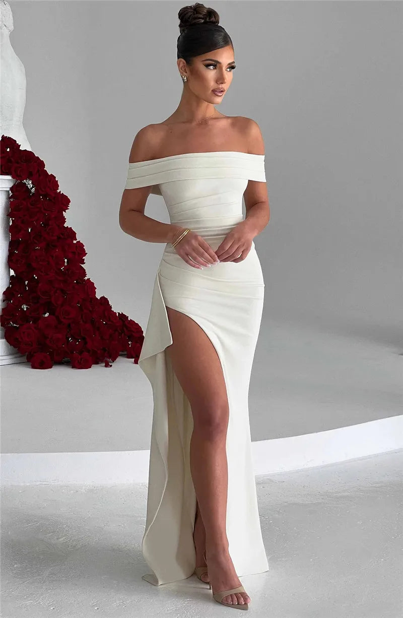 Elegant Off-shoulder High Split Maxi Dress Women Fashion Strapless Sleeveless Backless Bodycon Club Party Sexy Dress