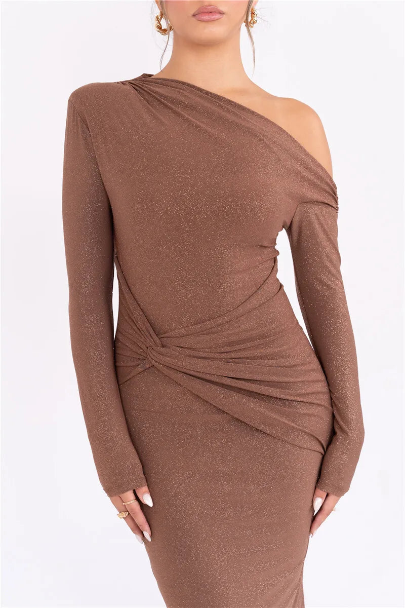 Sparkle Long Sleeve Sexy Maxi Dress For Women Inclined Shoulder Backless Bodycon Ruched Club Party Sexy Long Dress