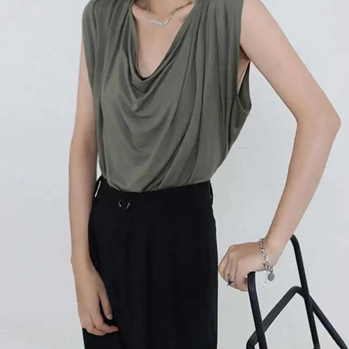 Load image into Gallery viewer, Women White Army Green Pleated Elegant Big Size T-shirt New Round Neck Sleeveless Fashion Tide Spring Summer 2025  1DF5071
