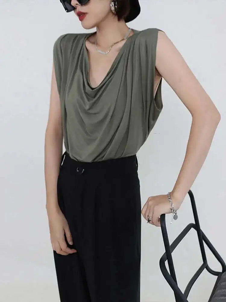 Women White Army Green Pleated Elegant Big Size T-shirt New Round Neck Sleeveless Fashion Tide Spring Summer 2025  1DF5071