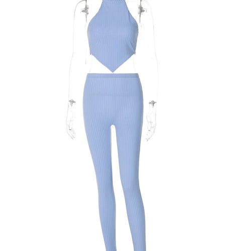 Ribbed 2 Pcs Co Ord Sets Halter Solid Backless Sexy Slim Crop Tank Top Pants Winter Women Fashion Festival Sports Suits