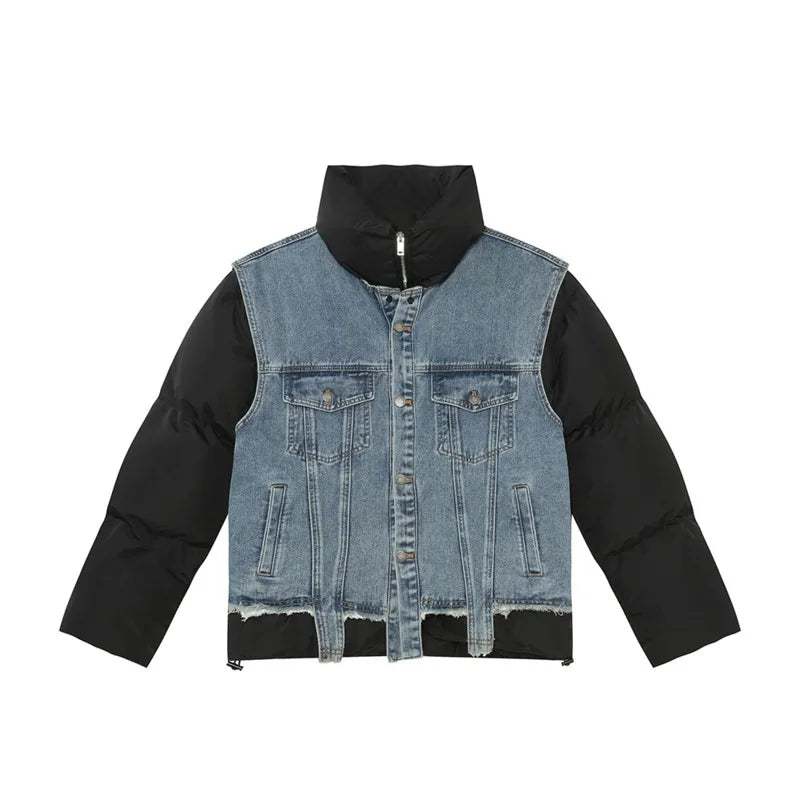 Fake Two-piece Men's Coats Niche Design Stand Collar Detachable Sleeveless Vest Patchwork Drawstring Padded Jackets 9C9331