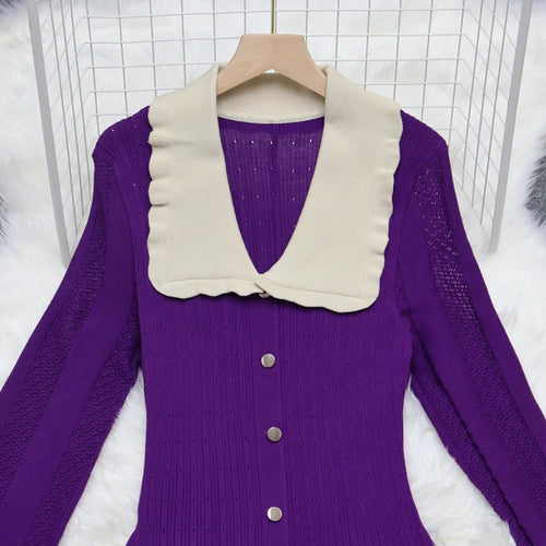 Load image into Gallery viewer, Korean Women's Autumn Black Patchwork Long Sleeved Casual Dress Fashion Red Purple Single Breasted Office Knit Dress Holiday New
