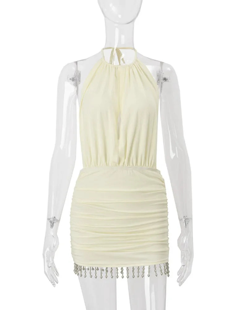 Backless Tassel Sexy Mini Dress Women Summer New Hollow Out Halter Sleeveless High Waist Ruched Skinny Club Dress