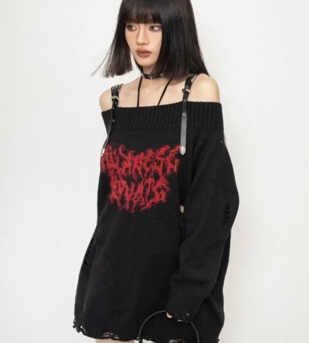 Harajuku Gothic Sexy Off Shoulder Knitted Jumpers Grunge Jacquard Sweater Fashion Knitwear Y2k Aesthetic Slash Neck Pullover