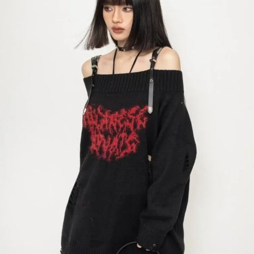 Load image into Gallery viewer, Harajuku Gothic Sexy Off Shoulder Knitted Jumpers Grunge Jacquard Sweater Fashion Knitwear Y2k Aesthetic Slash Neck Pullover
