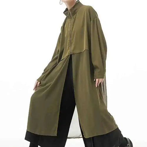 Load image into Gallery viewer, Women Army Green Big Size Mesh Long Trench New Stand Collar Long Sleeve Windbreaker Fashion Spring Autumn 2025 1DH4273
