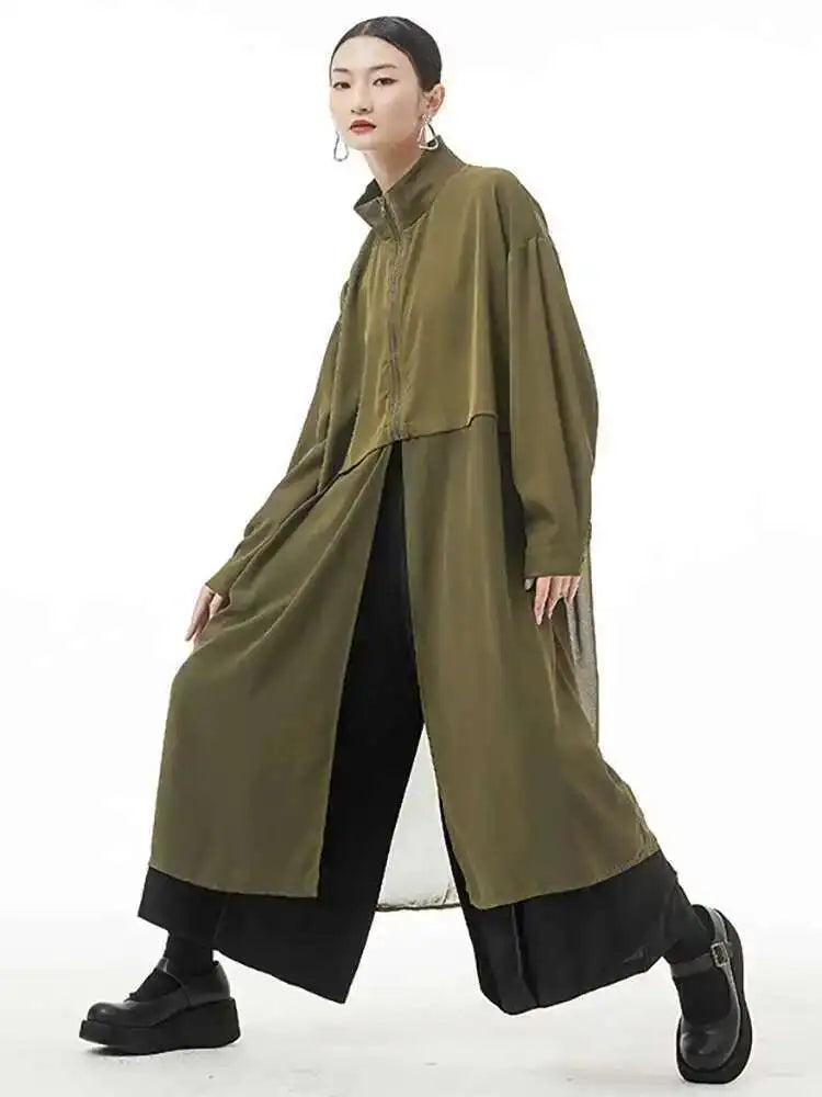 Women Army Green Big Size Mesh Long Trench New Stand Collar Long Sleeve Windbreaker Fashion Spring Autumn 2025 1DH4273