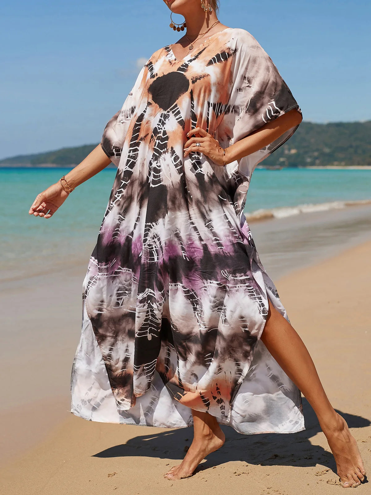 Colorful Kaftan Tunic Beach Cover Up Cover-ups Beach Dress Beach Wear Beachwear Loose Maxi Dress Female Women V4428