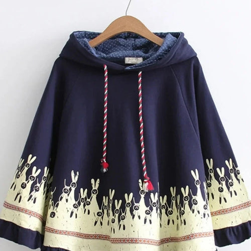 Load image into Gallery viewer, Cloak Outerwear Women Autumn Rabbit Print Ear Stereo Hoodies Coat Cotton Pullover Poncho Jacket  Hooded
