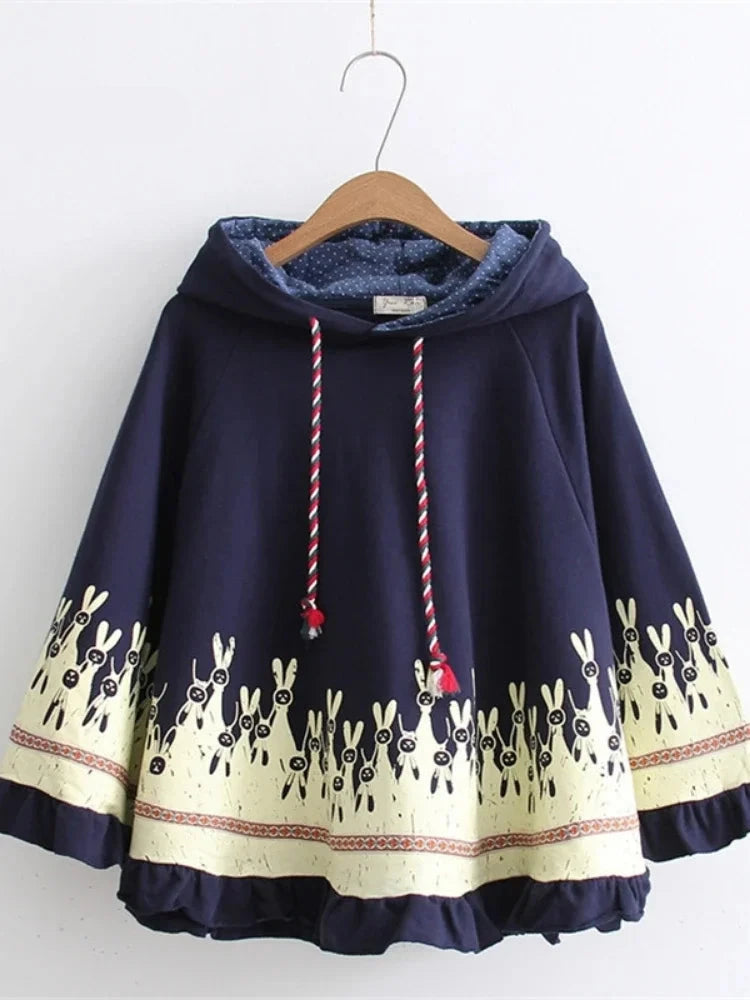 Cloak Outerwear Women Autumn Rabbit Print Ear Stereo Hoodies Coat Cotton Pullover Poncho Jacket  Hooded