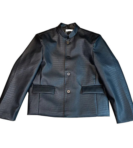 Spring Men's Suit Coat New Chinese Male Solid Color PU Leather Stand Collar Design Single Breasted Stylish Jacket 9W1419