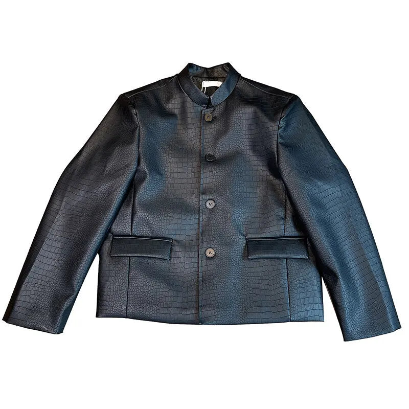 Spring Men's Suit Coat New Chinese Male Solid Color PU Leather Stand Collar Design Single Breasted Stylish Jacket 9W1419