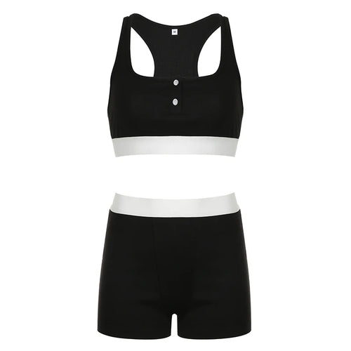 Load image into Gallery viewer, Casual Patchwork Skinny Two Pieces Set Women Buttons Underwear Sportswear Contrast Color Tank Top+Shorts Matching Set
