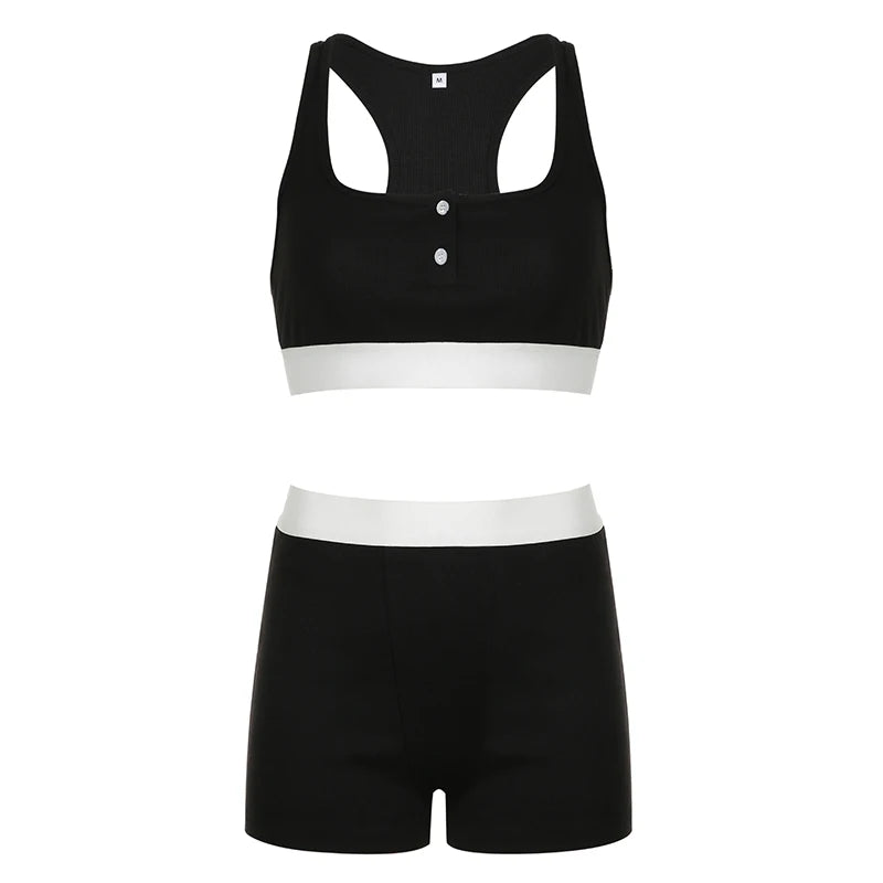 Casual Patchwork Skinny Two Pieces Set Women Buttons Underwear Sportswear Contrast Color Tank Top+Shorts Matching Set